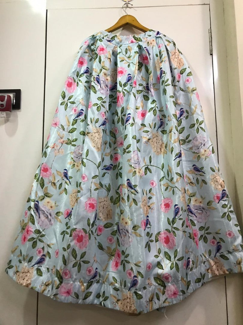 sky blue banglori satin printed girlish crop top lehenga