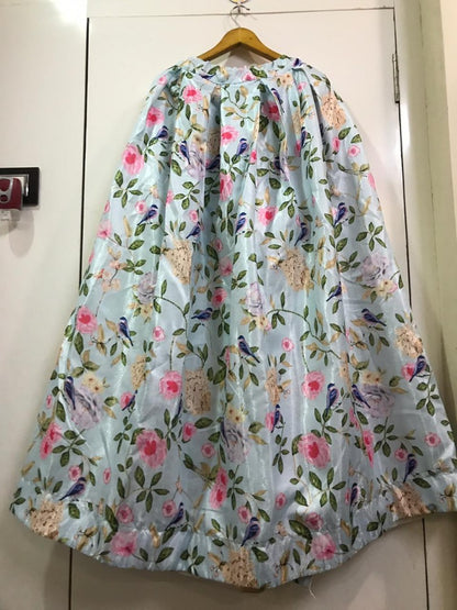 sky blue banglori satin printed girlish crop top lehenga