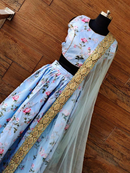Sky blue banglory satin digital printed lehenga choli