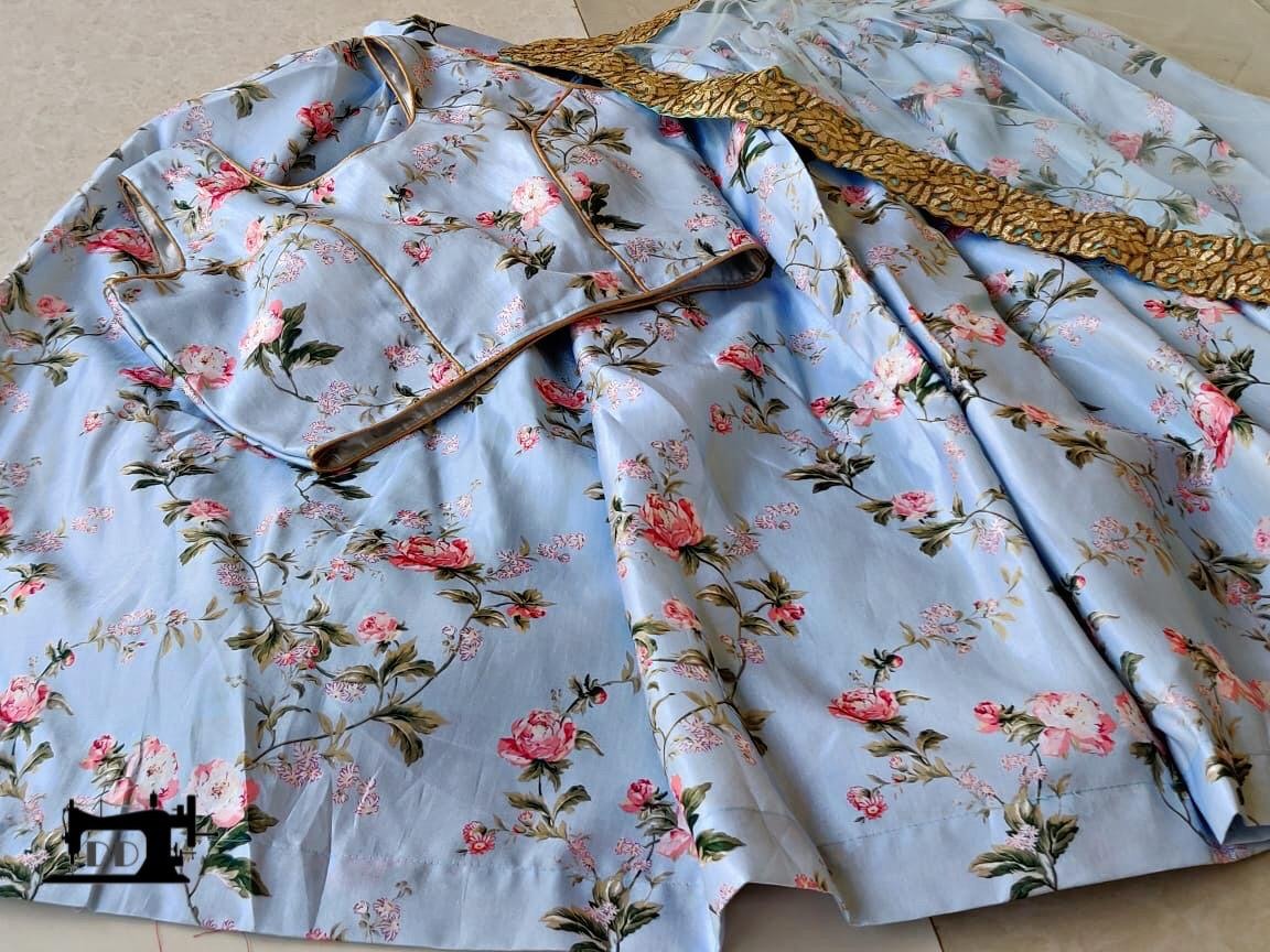 Sky blue banglory satin digital printed lehenga choli