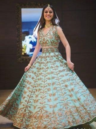 sky blue banglory satin heavy embroidered wedding lehenga choli