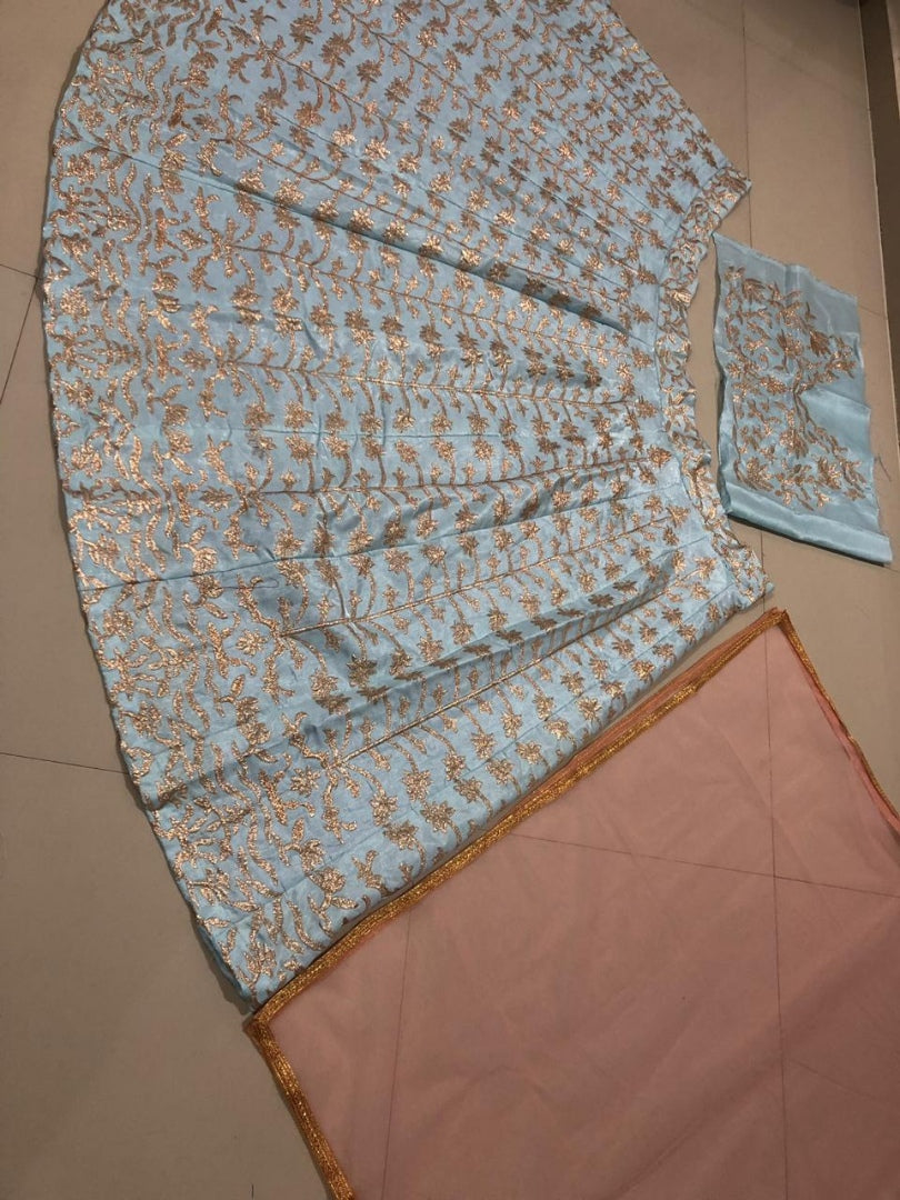 sky blue banglory satin heavy embroidered wedding lehenga choli