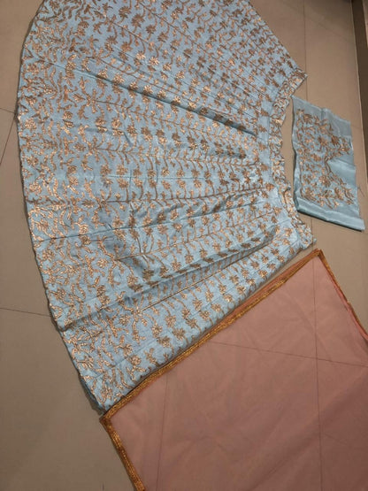 sky blue banglory satin heavy embroidered wedding lehenga choli