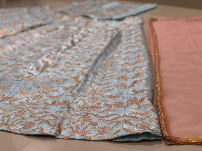 sky blue banglory satin heavy embroidered wedding lehenga choli