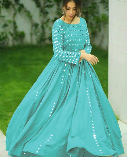Sky blue banglory satin partywear gown