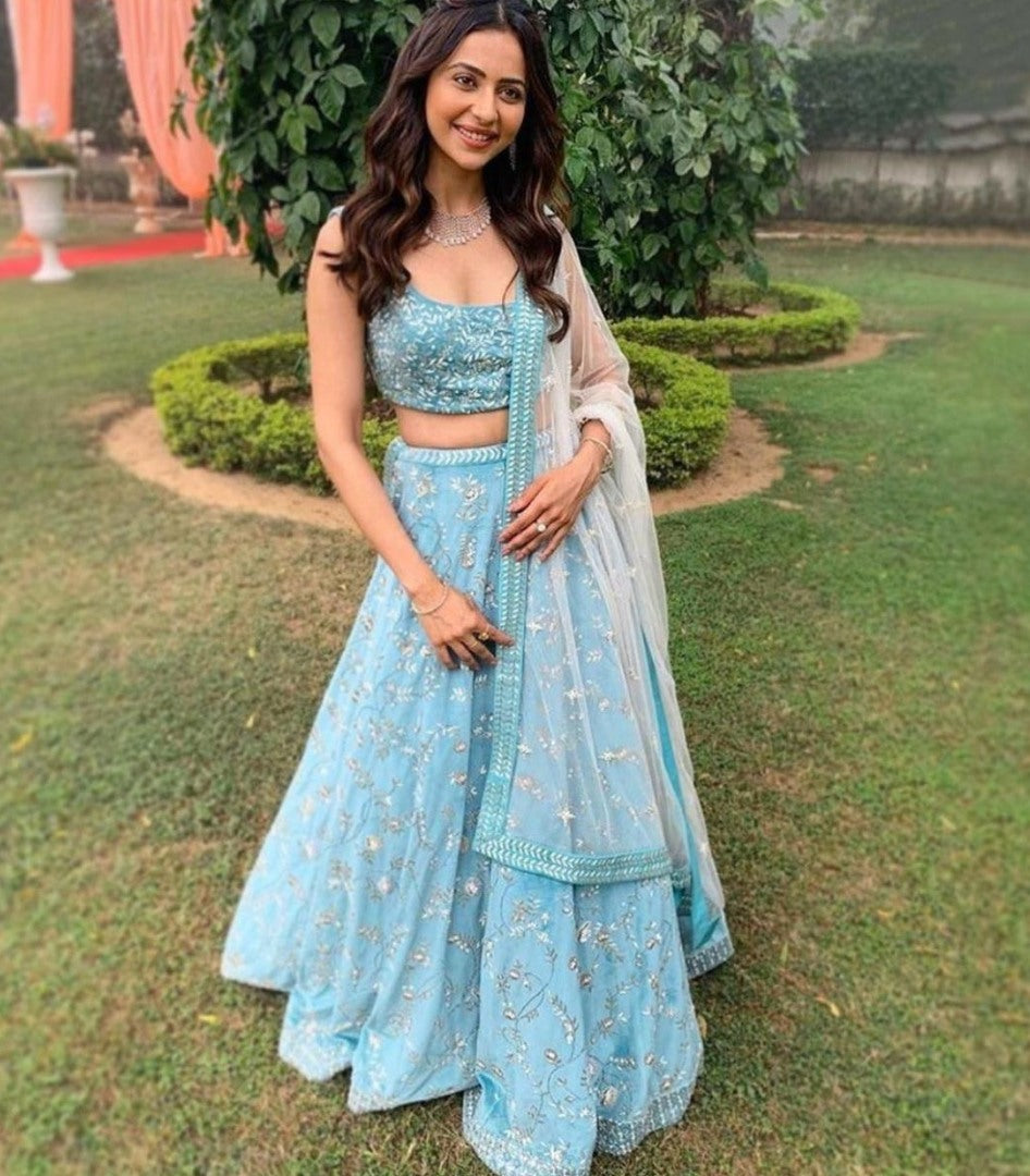 Sky blue banglory silk heavy embroidered wedding lehenga choli