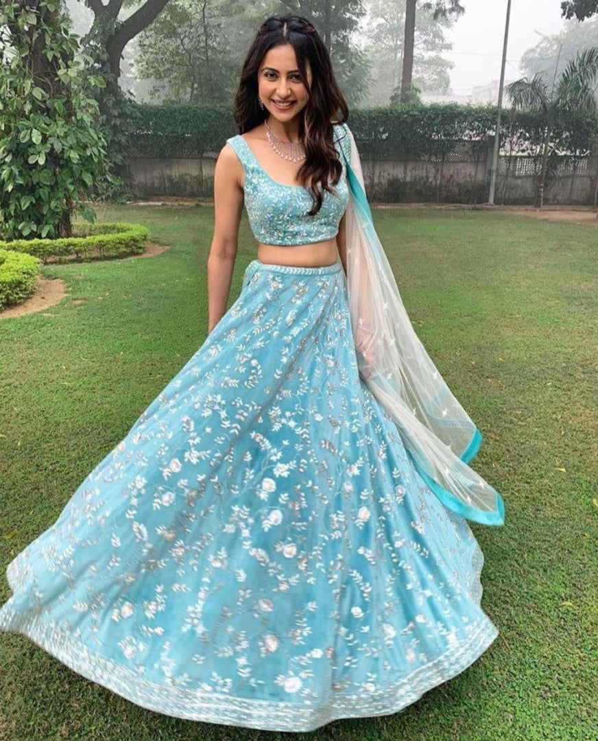 Sky blue banglory silk heavy embroidered wedding lehenga choli