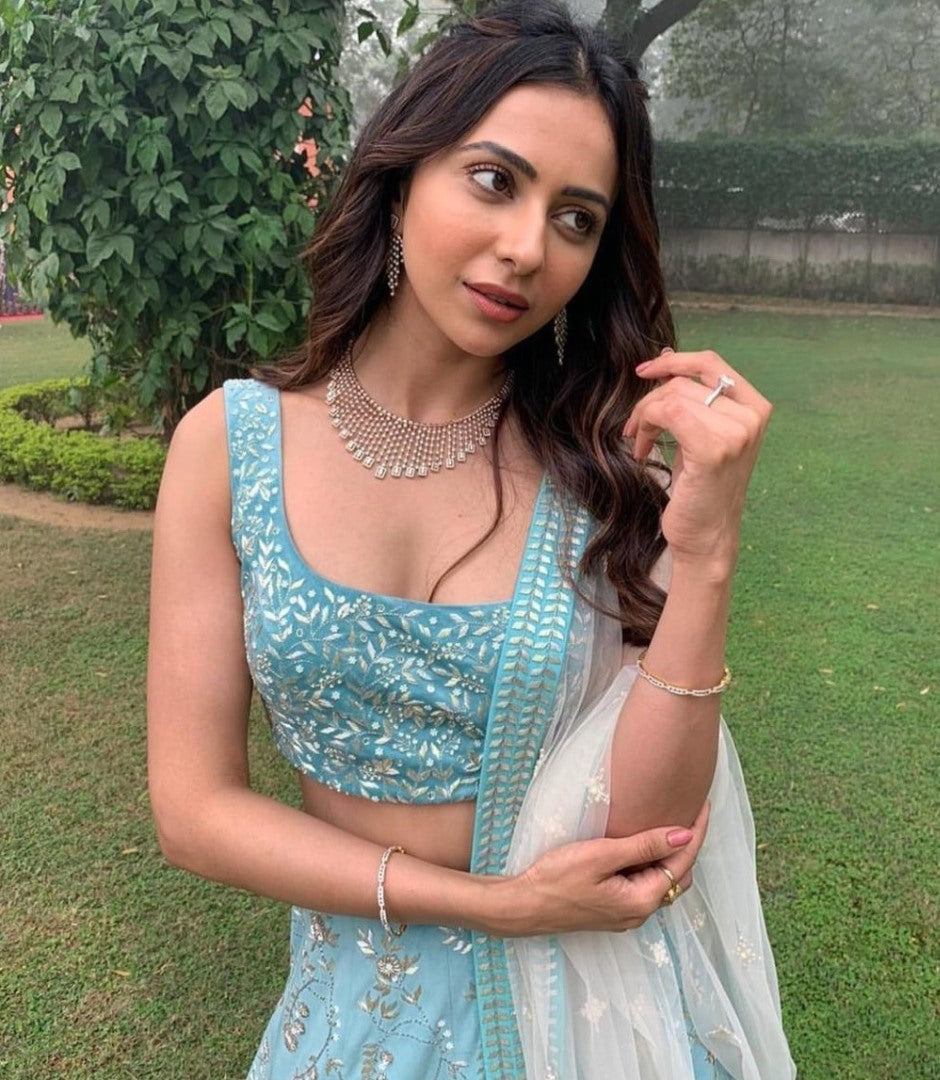 Sky blue banglory silk heavy embroidered wedding lehenga choli