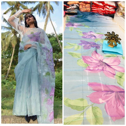 Sky blue big flower printed organza saree