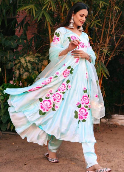 Sky blue butter silk floral printed ethnic gown