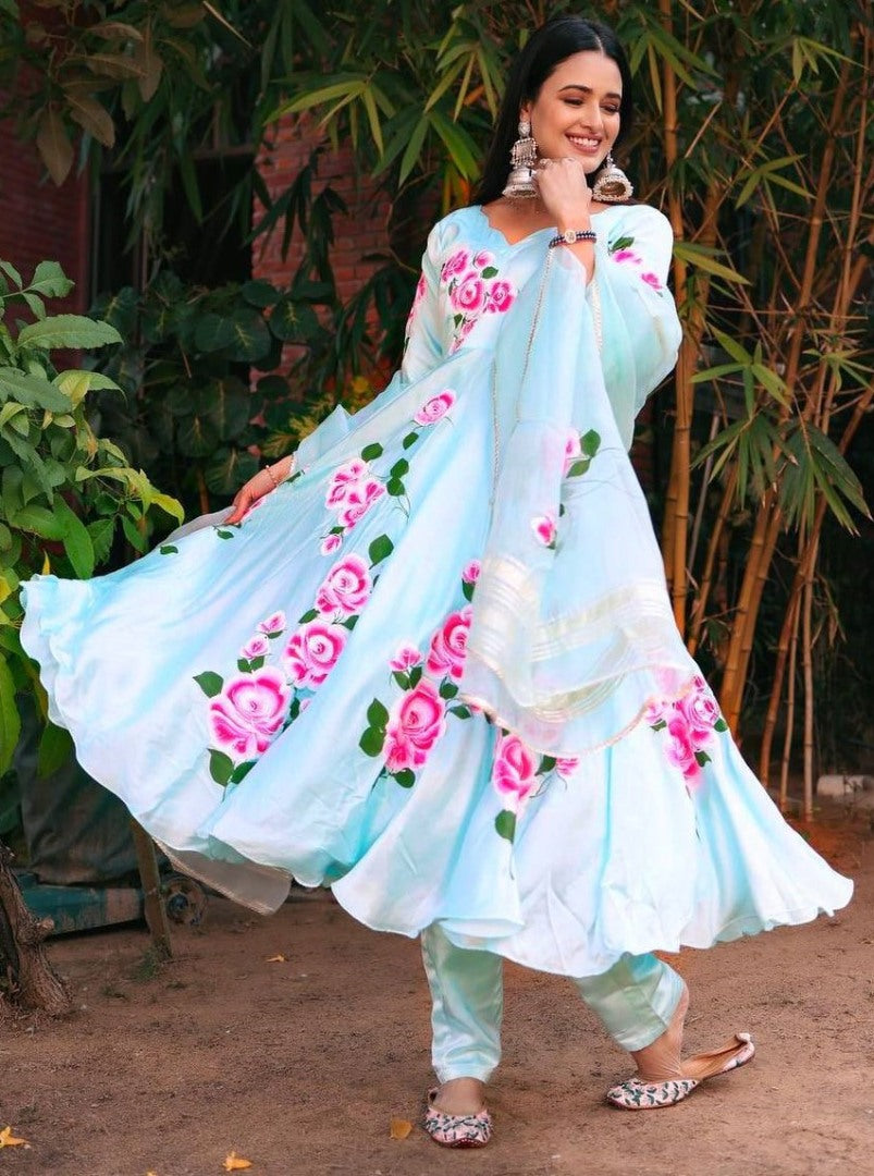 Sky blue butter silk floral printed ethnic gown
