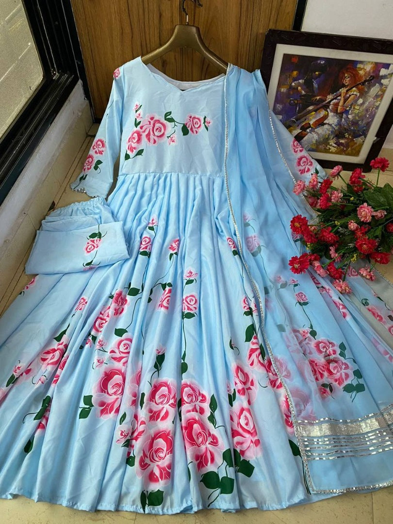Sky blue butter silk floral printed ethnic gown