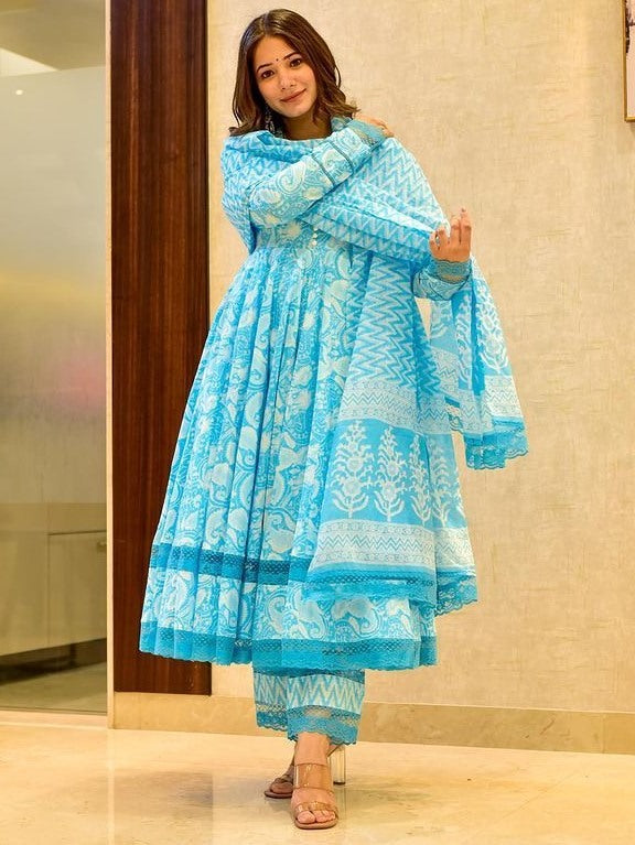 Sky blue butter silk printed short anarkali suit