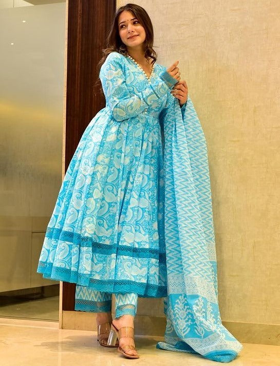 Sky blue butter silk printed short anarkali suit