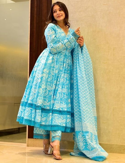 Sky blue butter silk printed short anarkali suit