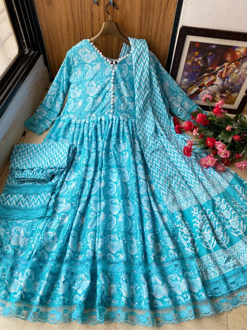 Sky blue butter silk printed short anarkali suit