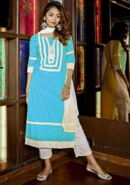 Sky blue cambric cotton chicken work lace kurtis