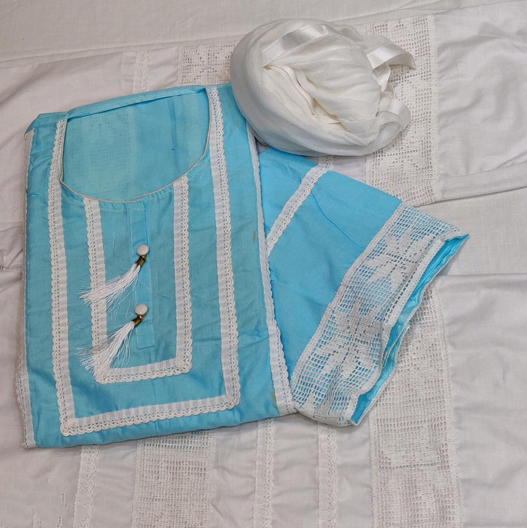 Sky blue cambric cotton chicken work lace kurtis