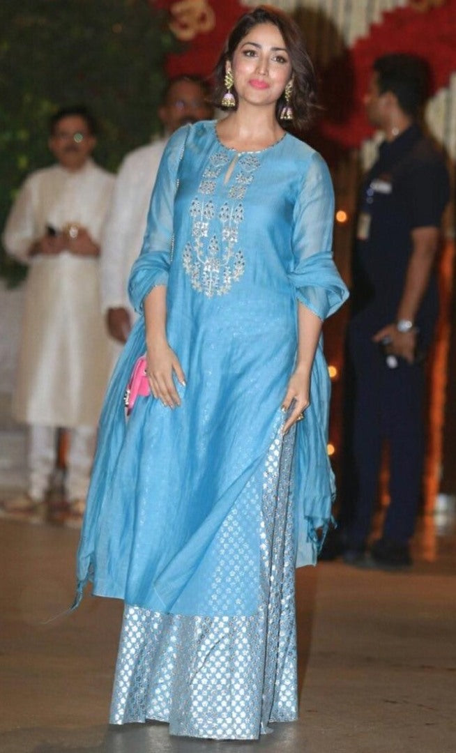Sky blue chanderi viscos plazzo suit