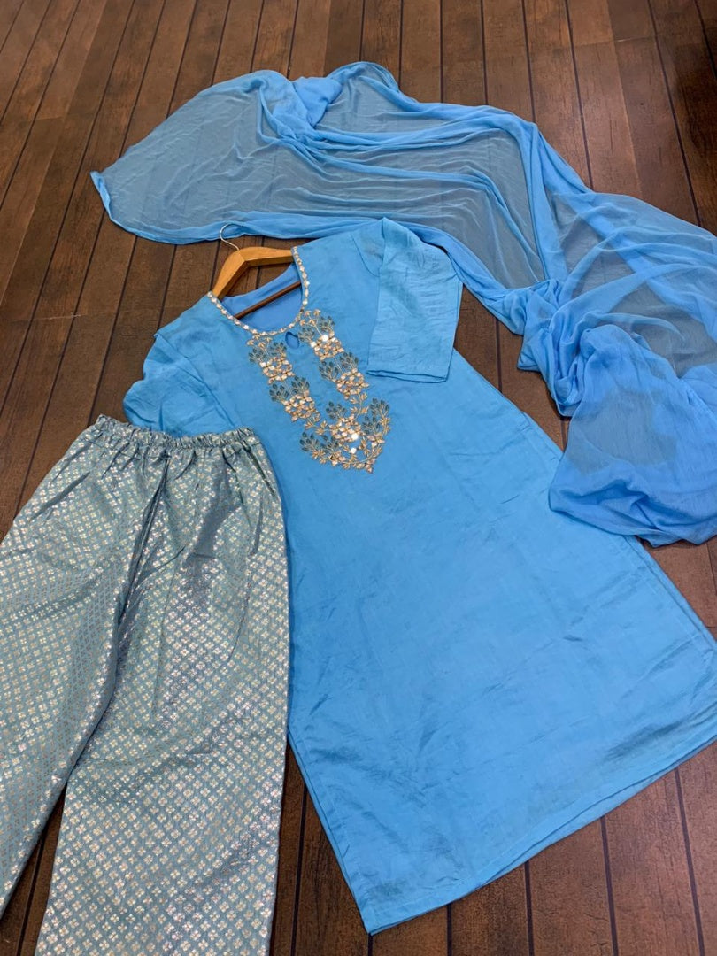 Sky blue chanderi viscos plazzo suit