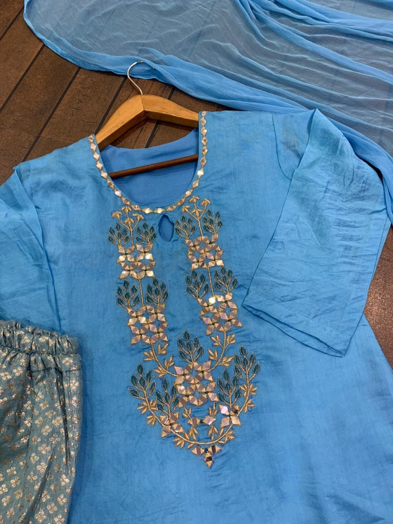 Sky blue chanderi viscos plazzo suit