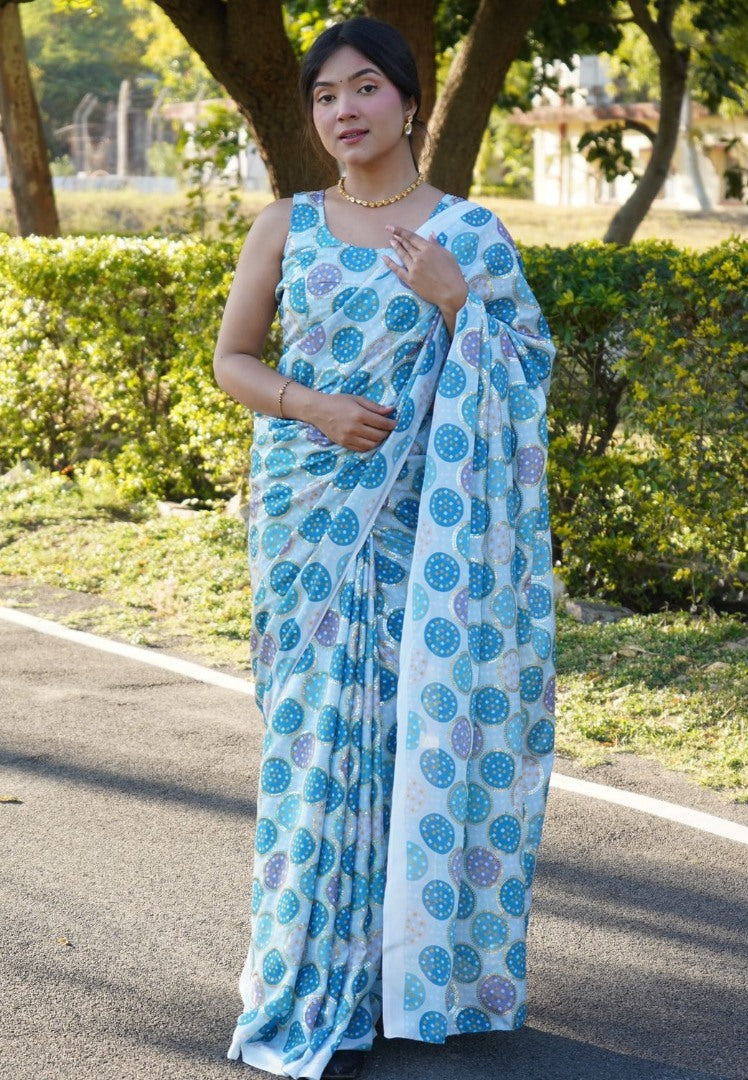 Sky blue chinon silk digital print and sequence work saree