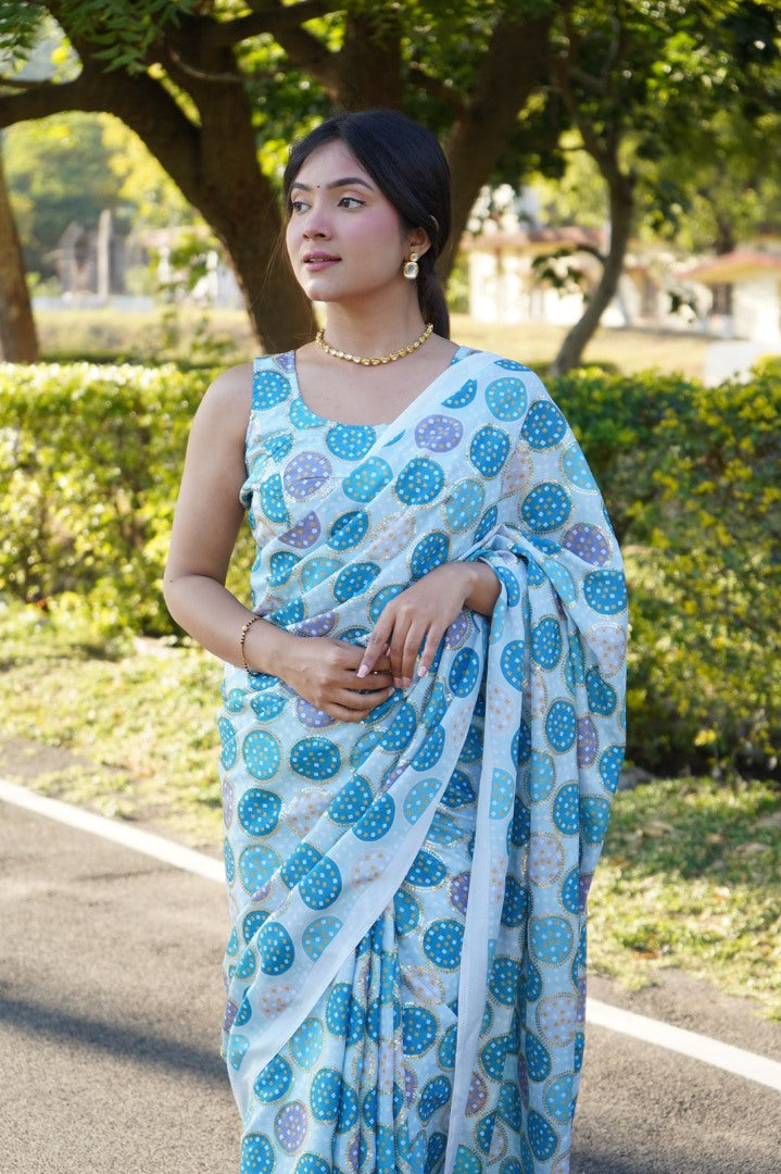 Sky blue chinon silk digital print and sequence work saree