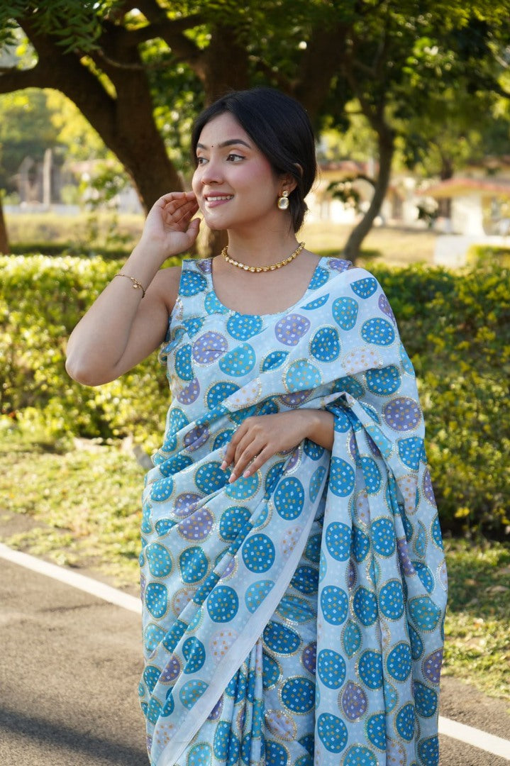 Sky blue chinon silk digital print and sequence work saree