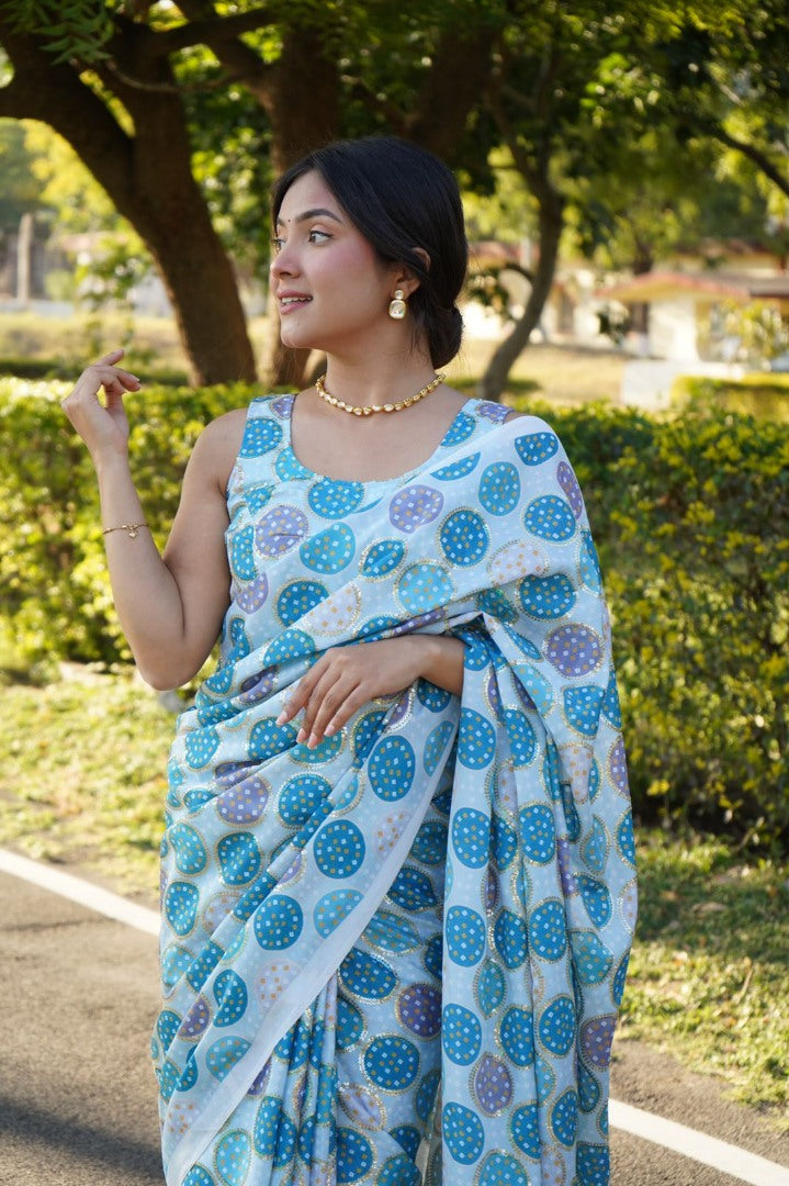 Sky blue chinon silk digital print and sequence work saree