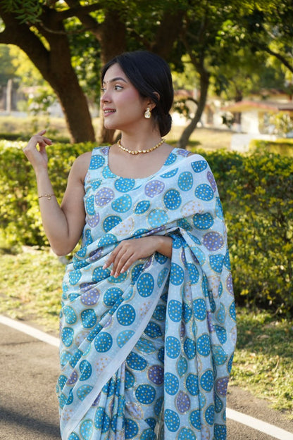 Sky blue chinon silk digital print and sequence work saree