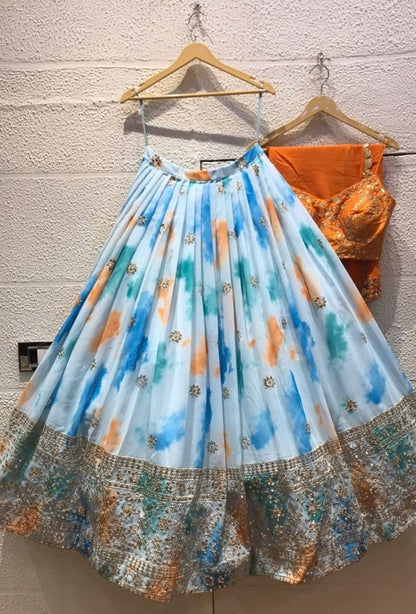 Sky blue chinon silk shibori printed embroidered lehenga choli