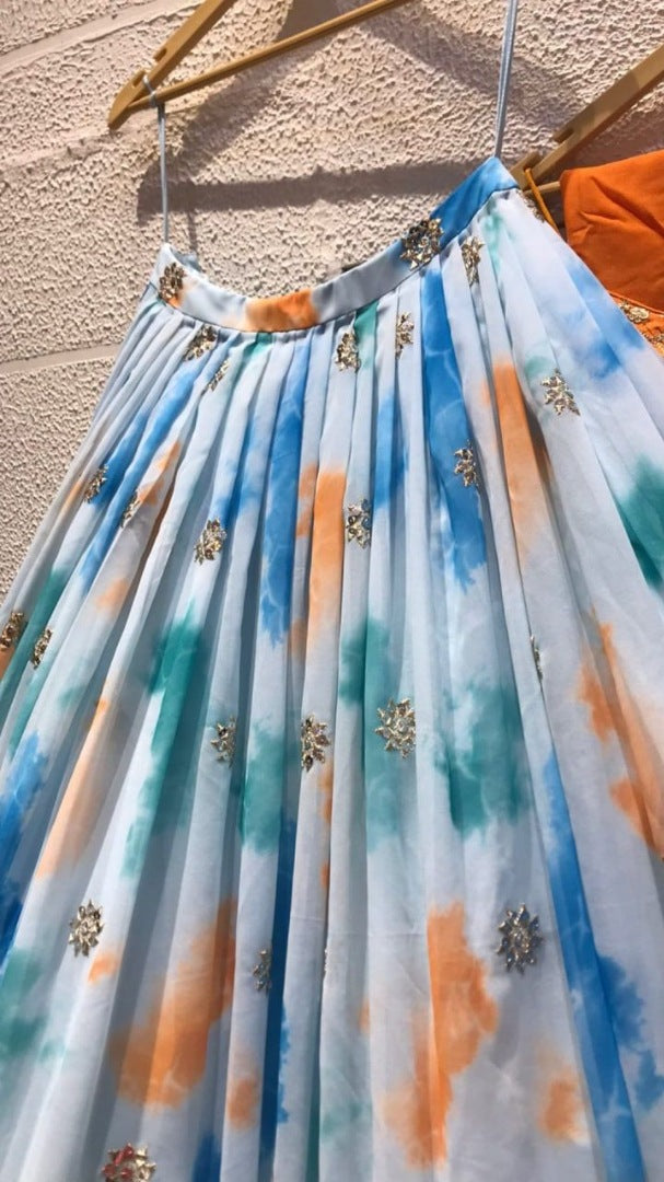 Sky blue chinon silk shibori printed embroidered lehenga choli