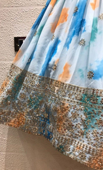 Sky blue chinon silk shibori printed embroidered lehenga choli