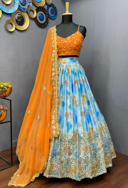 Sky blue chinon silk shibori printed embroidered lehenga choli