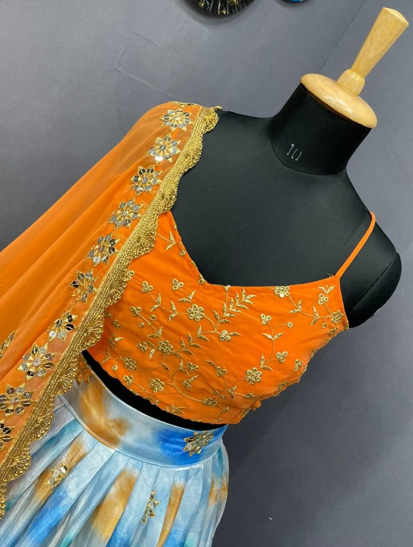 Sky blue chinon silk shibori printed embroidered lehenga choli