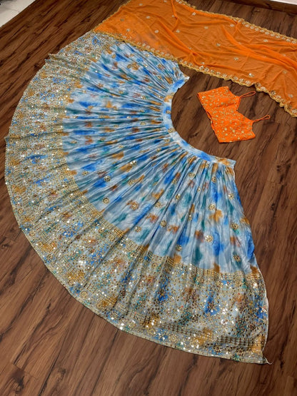 Sky blue chinon silk shibori printed embroidered lehenga choli