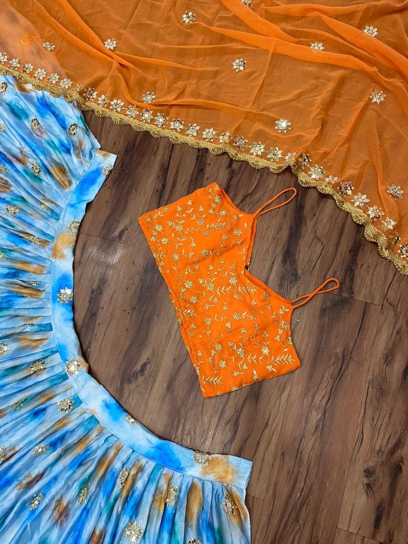 Sky blue chinon silk shibori printed embroidered lehenga choli