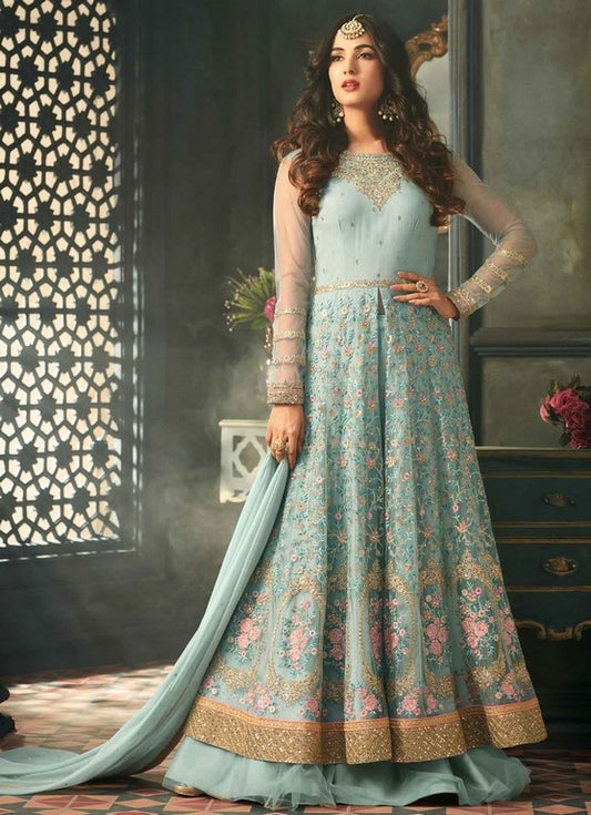 Sky Blue Colored Net Heavy Embroidered Semi Stitched anarkali Suit