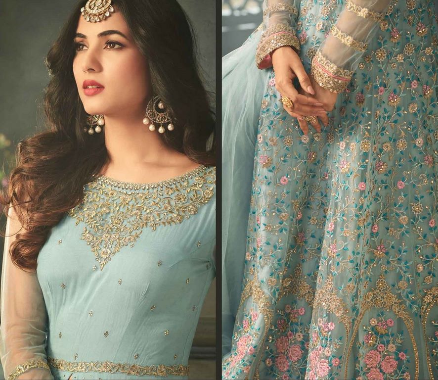 Sky Blue Colored Net Heavy Embroidered Semi Stitched anarkali Suit