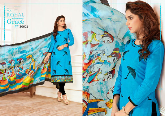 Sky Blue Colored Salab cotton Thread Work & Digital Printed Un-Stitched Dress Material
