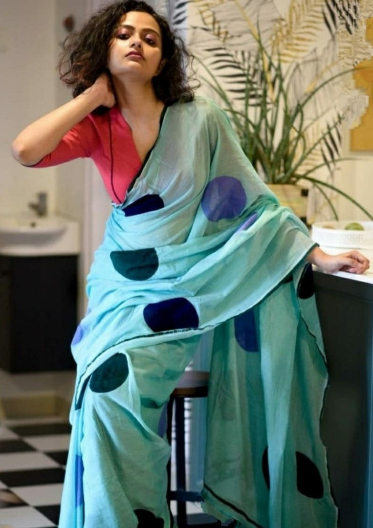 Sky blue cotton chanderi original digital printed work saree