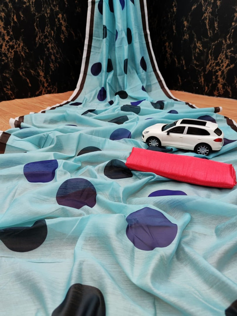 Sky blue cotton chanderi original digital printed work saree