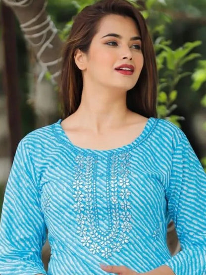 Sky blue cotton lehariya printed straight kurti