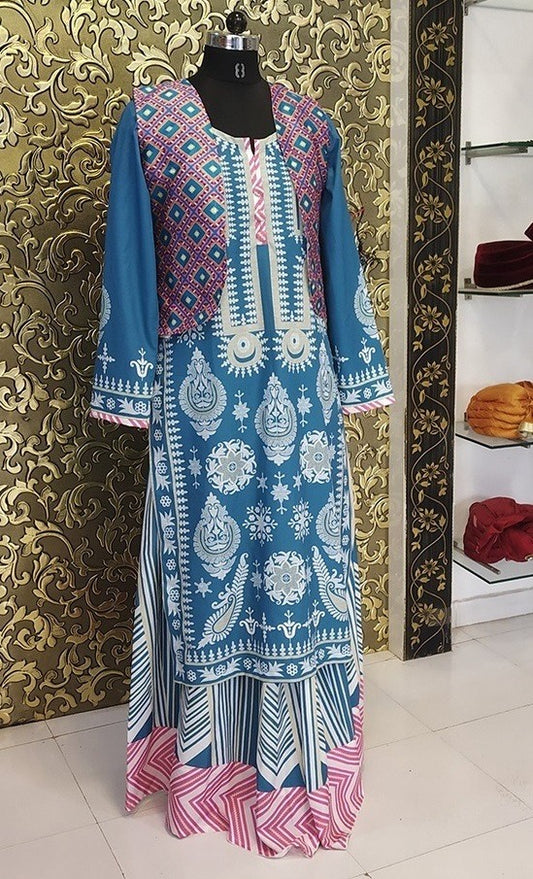 sky blue crape printed stylist plazzo suit with jacket