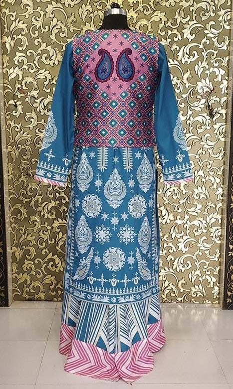 sky blue crape printed stylist plazzo suit with jacket