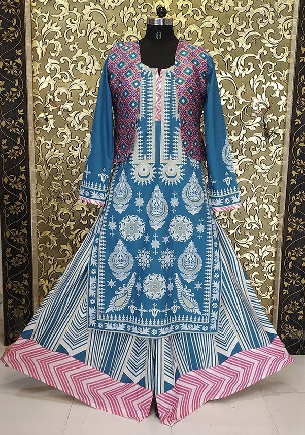 sky blue crape printed stylist plazzo suit with jacket