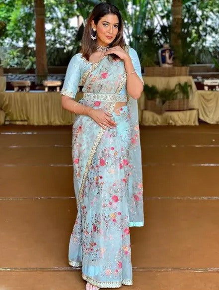 Sky blue designer embroidered wedding organza saree