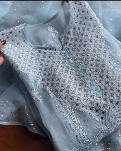 Sky blue designer organza salwar suit