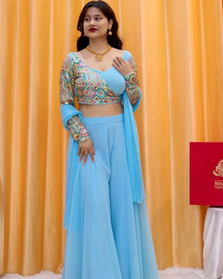 Sky blue designer palazzo suit