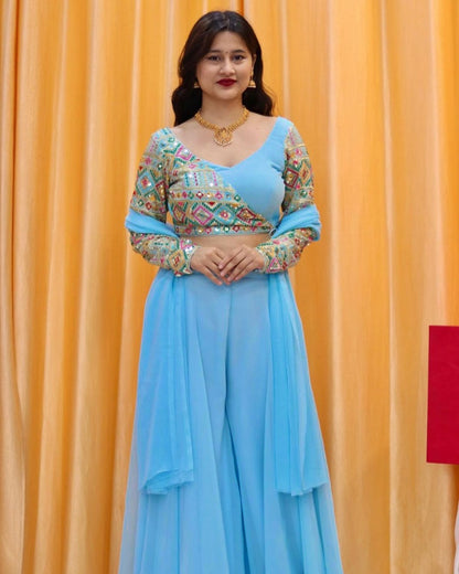 Sky blue designer palazzo suit